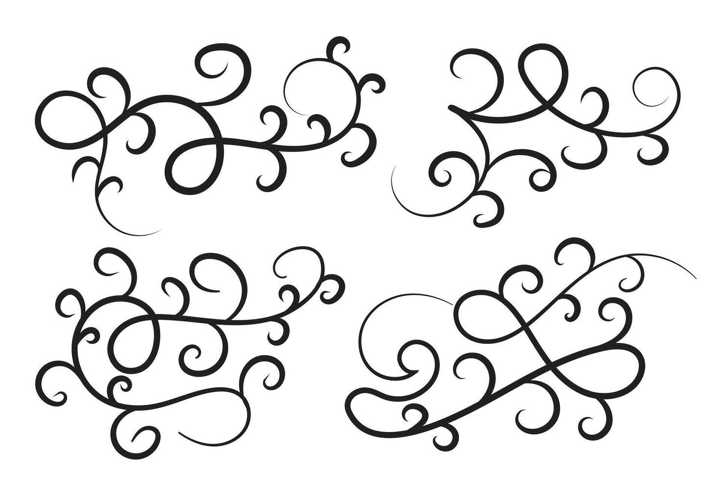 uppsättning av årgång filigran virvlande, kalligrafi klotter vind dekorativ element, lockigt tunn linje blommig stil gungor swash, krusidullar virvlar, frodas virvla runt prydnad vektor, elegant skrolla design vektor