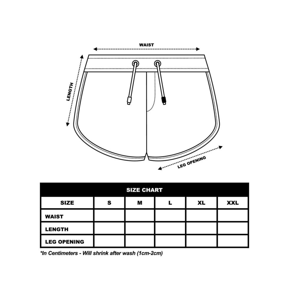 kort byxor storlek Diagram, svettas shorts mode platt mall, sportkläder unisex- Diagram storlek vektor