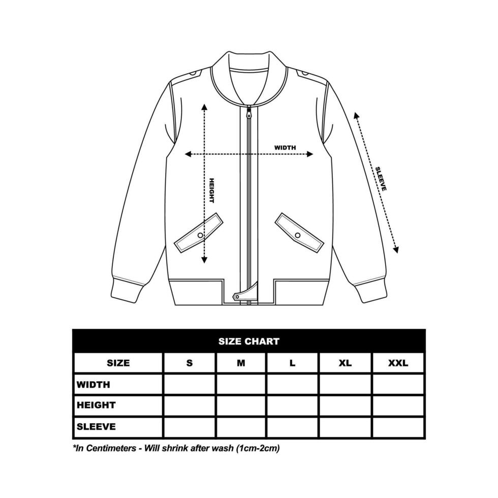 Bomber Jacke Größe Diagramm, Hand gezeichnet Jacke Gliederung Illustration, beiläufig Kleidung. Vektor technisch skizzieren. Attrappe, Lehrmodell, Simulation Vorlage.