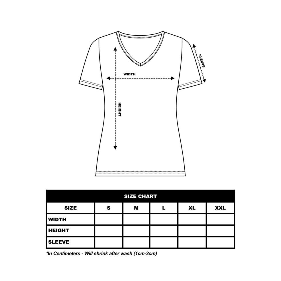 kort ärm t skjorta storlek Diagram, kvinna runda, fyrkant och v nacke. teknisk teckning mode platt skiss vektor illustration