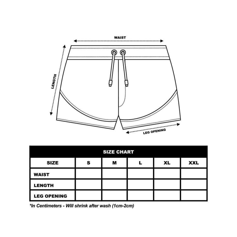 kort byxor storlek Diagram, svettas shorts mode platt mall, sportkläder unisex- Diagram storlek vektor