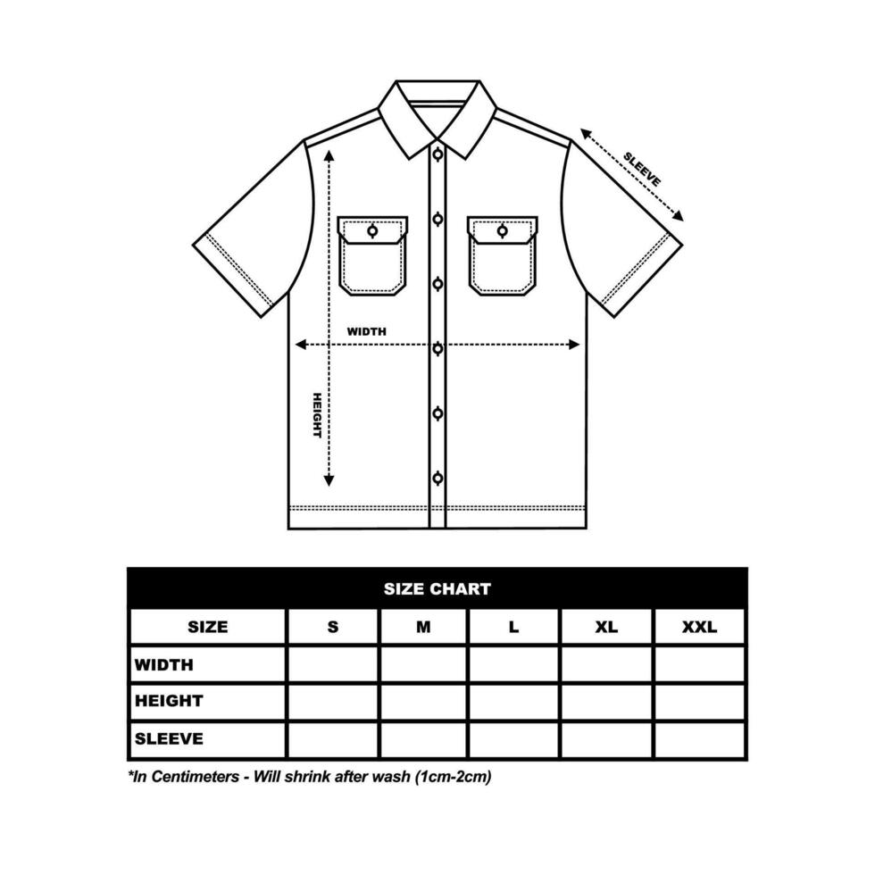 Herren kurz Ärmel Militär- Hemd Größe Diagramm. Arbeitshemd schwarz. kurz Ärmel Arbeit Shirt. technisch Zeichnung Mode eben skizzieren Vektor Illustration