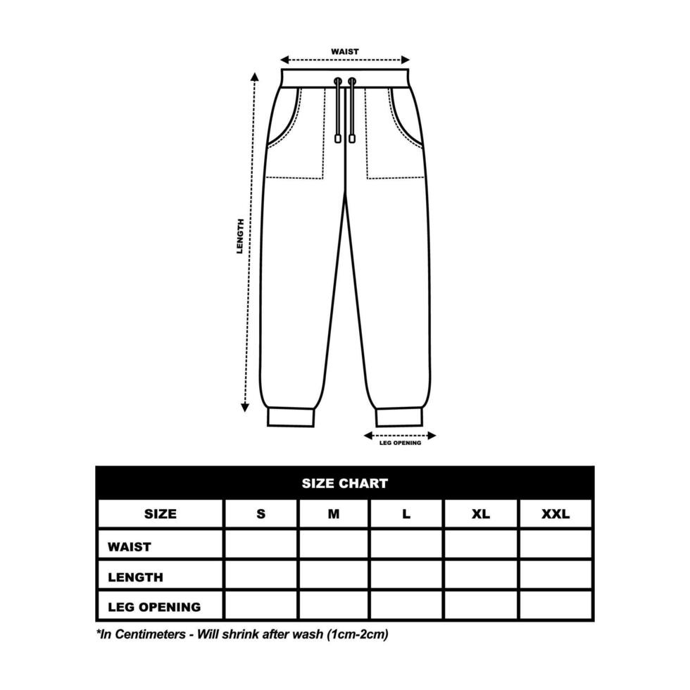 Jogger Hose Größe Diagramm, süße Hose, Trainingshose. Mode Kleidung Vektor Illustration
