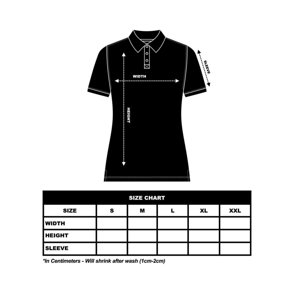 Damen Polo Hemd Größe Diagramm. technisch Zeichnung Mode eben skizzieren Vektor Illustration