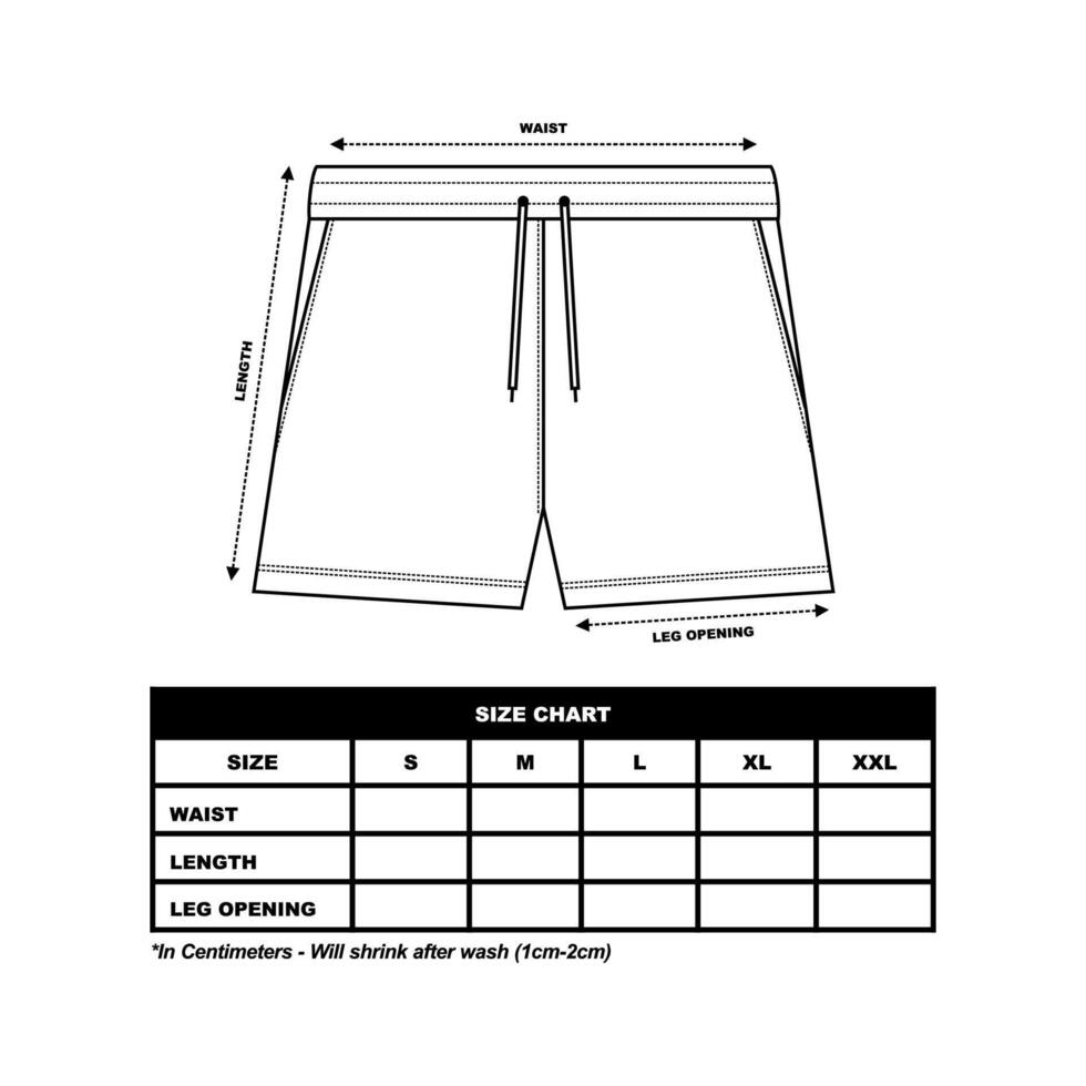 kort byxor storlek Diagram, svettas shorts mode platt mall, sportkläder unisex- Diagram storlek vektor
