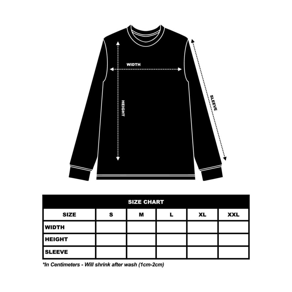 lange Ärmel Größe Diagramm, Mode Kleidung Vektor Illustration