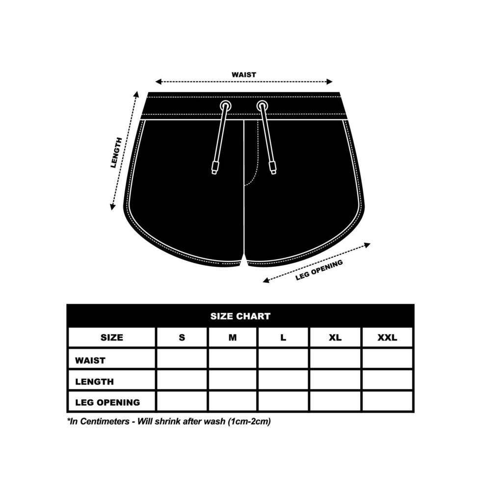 kurz Hose Größe Diagramm, Schweiß kurze Hose Mode eben Vorlage, Sportbekleidung unisex Diagramm Größe vektor