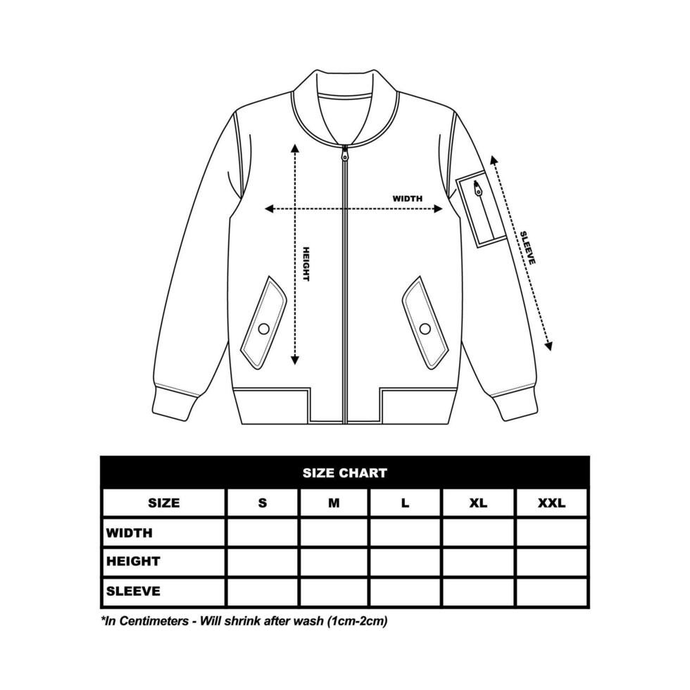 Bomber Jacke Größe Diagramm, Hand gezeichnet Jacke Gliederung Illustration, beiläufig Kleidung. Vektor technisch skizzieren. Attrappe, Lehrmodell, Simulation Vorlage.