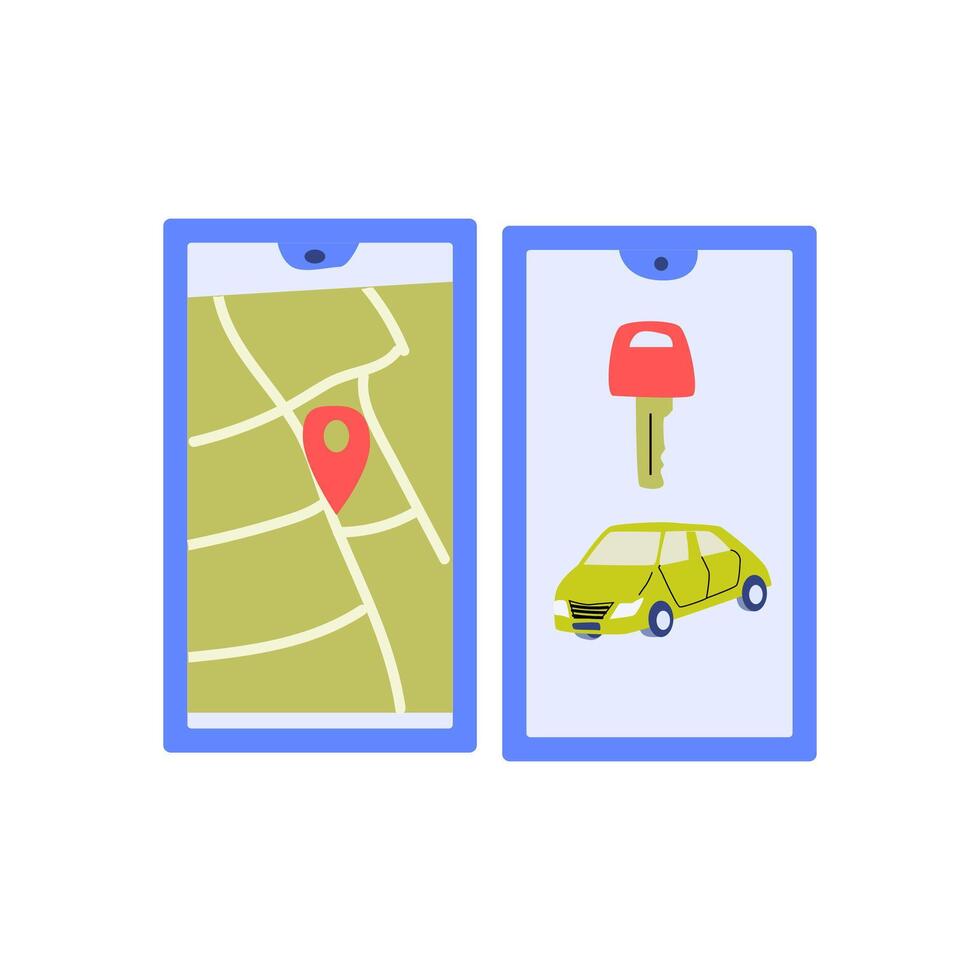 mobil App mit Karte Ort Kennzeichen und Automobil Fahrzeug mit elektronisch Schlüssel vektor