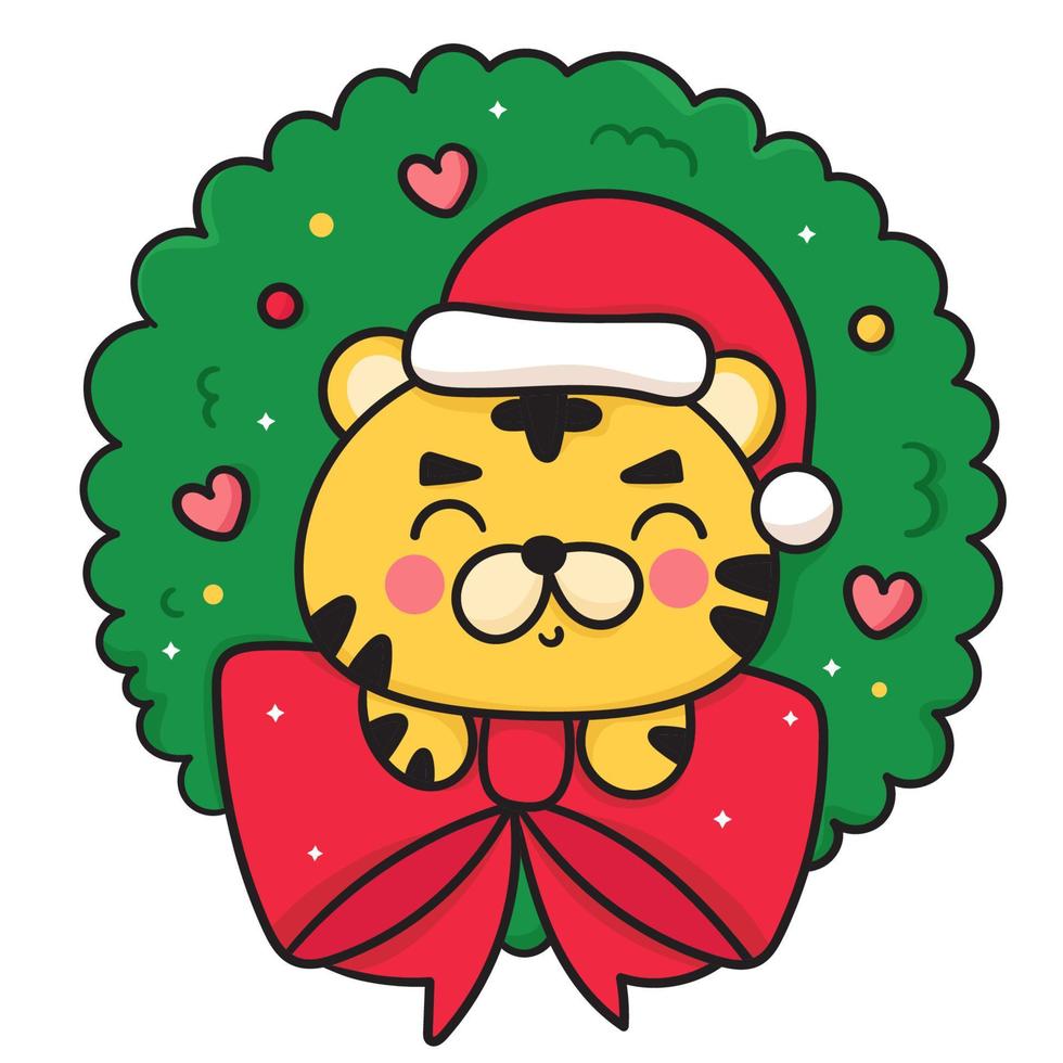 Tiger-Cartoon-Vektor tragen süße Weihnachtsmütze mit Weihnachtskranz vektor