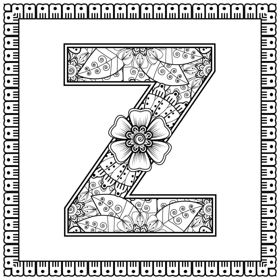 bokstaven z gjord av blommor i mehndi-stil. målarbok sida. kontur handrita vektorillustration. vektor