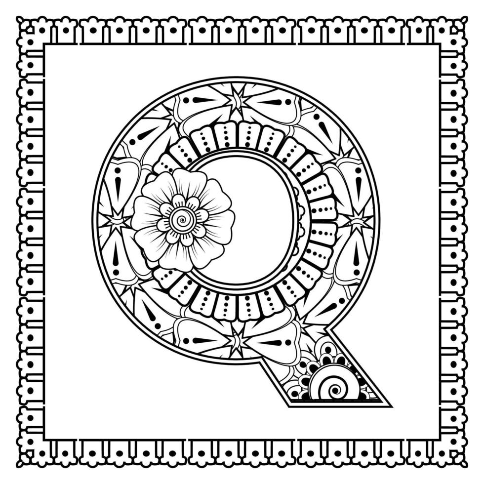 Buchstabe q aus Blumen im Mehndi-Stil. Malbuchseite. Umrisse Hand-Draw-Vektor-Illustration. vektor