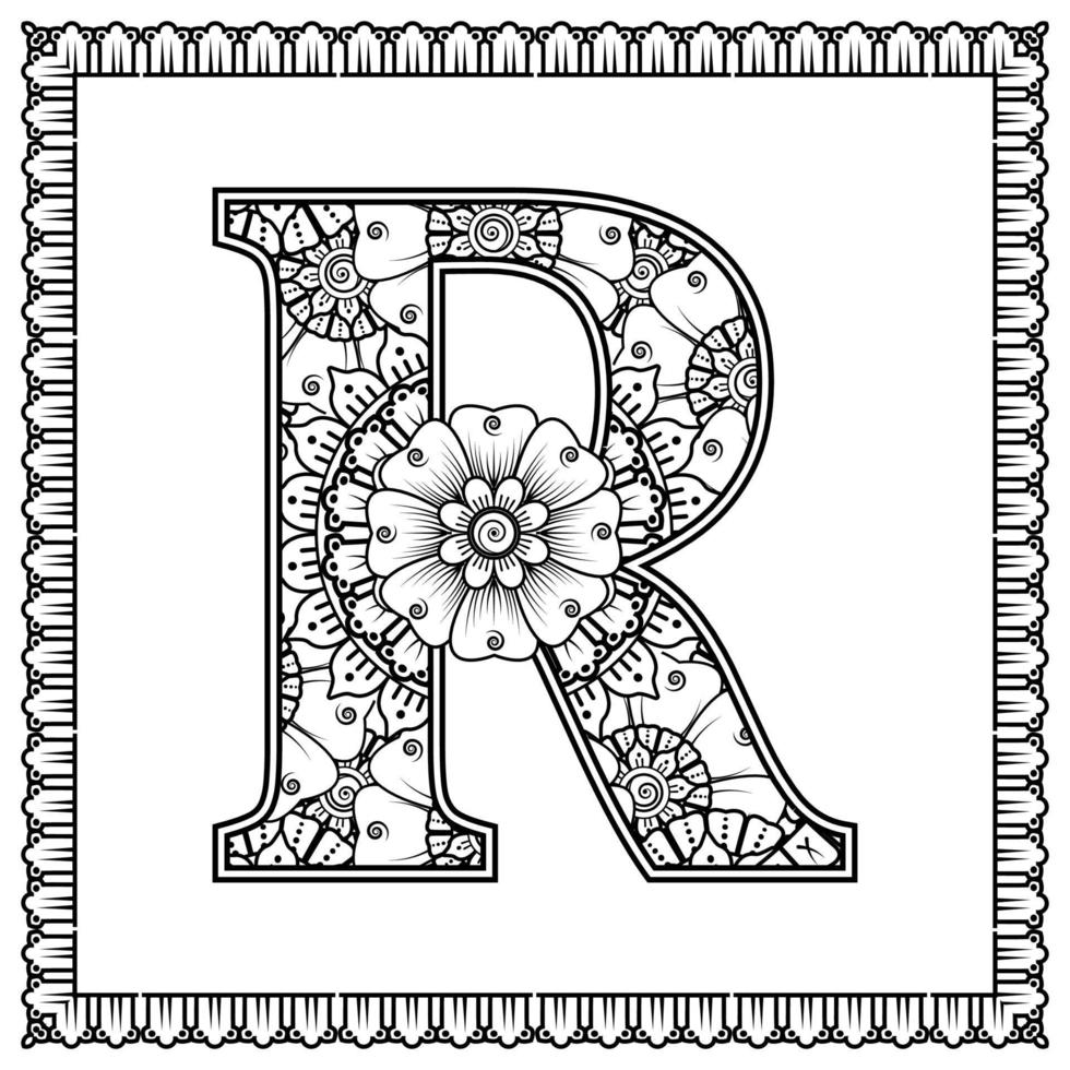 Buchstabe r aus Blumen im Mehndi-Stil. Malbuchseite. Umrisse Hand-Draw-Vektor-Illustration. vektor