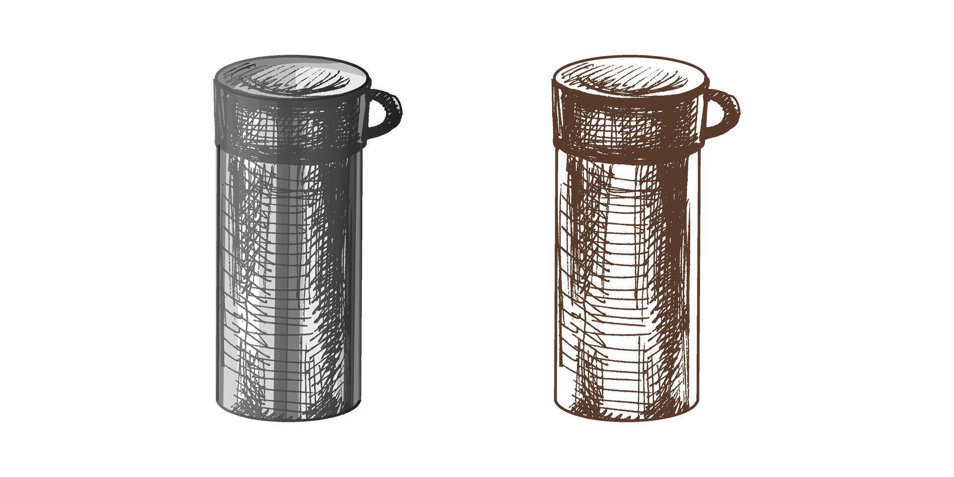 handgemalt farbig und einfarbig Vektor skizzieren von athermos. Gekritzel Jahrgang Illustration. graviert Bild.