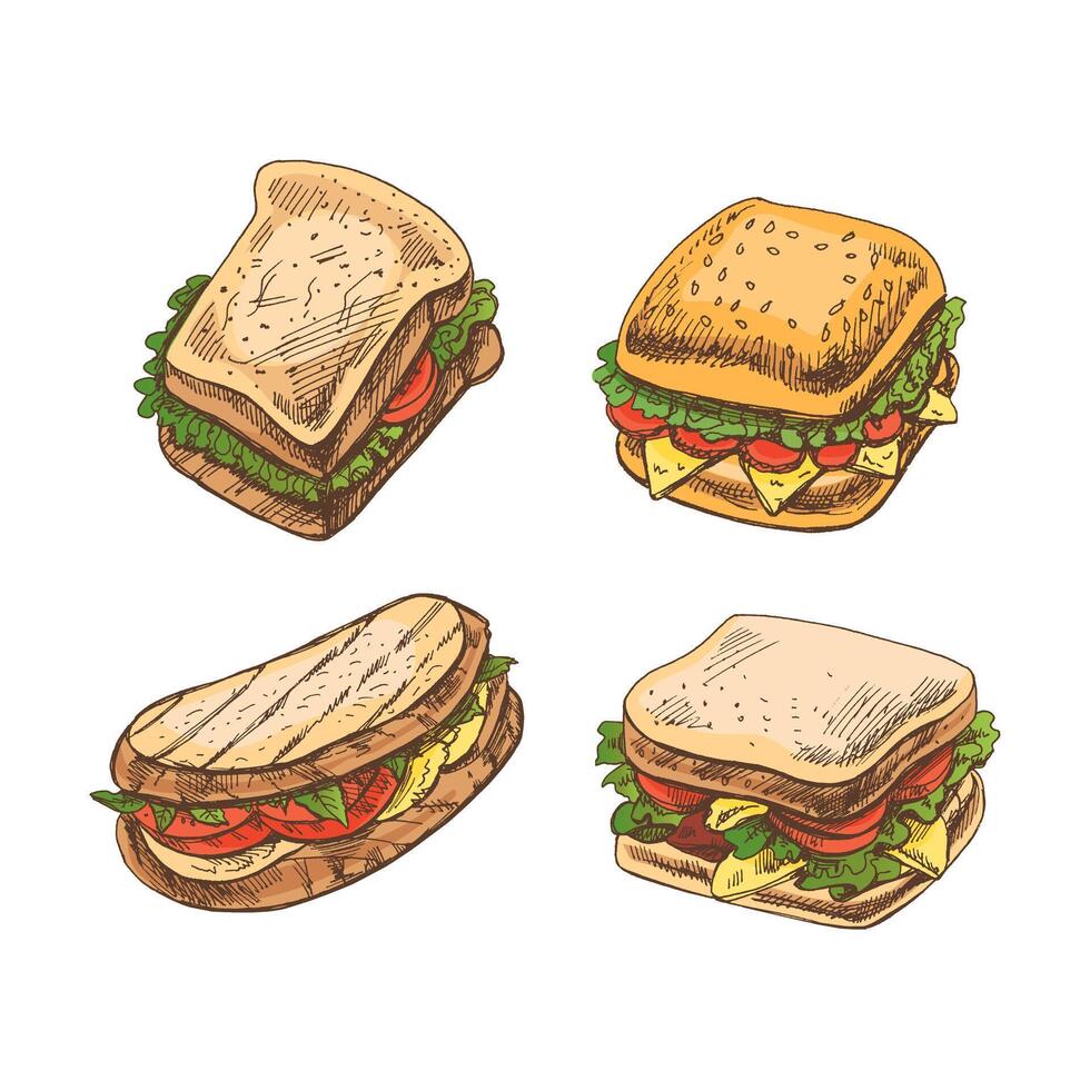 organisk mat. ritad för hand färgad retro stil vektor skiss uppsättning av smörgås med grönsaker, ost, kött. klotter årgång illustration. graverat bild.