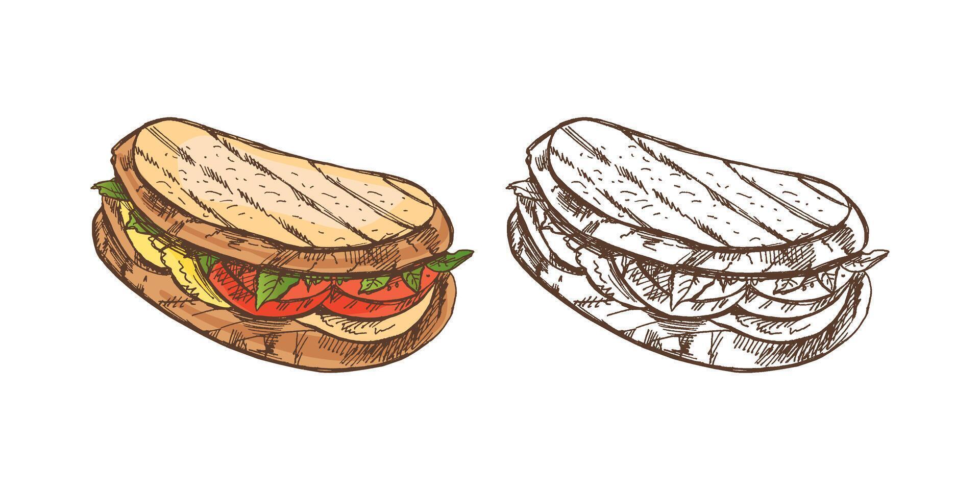 handgemalt farbig und einfarbig Vektor skizzieren von ein Stück von Sandwich mit Gemüse, Käse, Fleisch. Gekritzel Jahrgang Illustration. Dekorationen zum das Speisekarte von Cafés und Etiketten. graviert Bild.