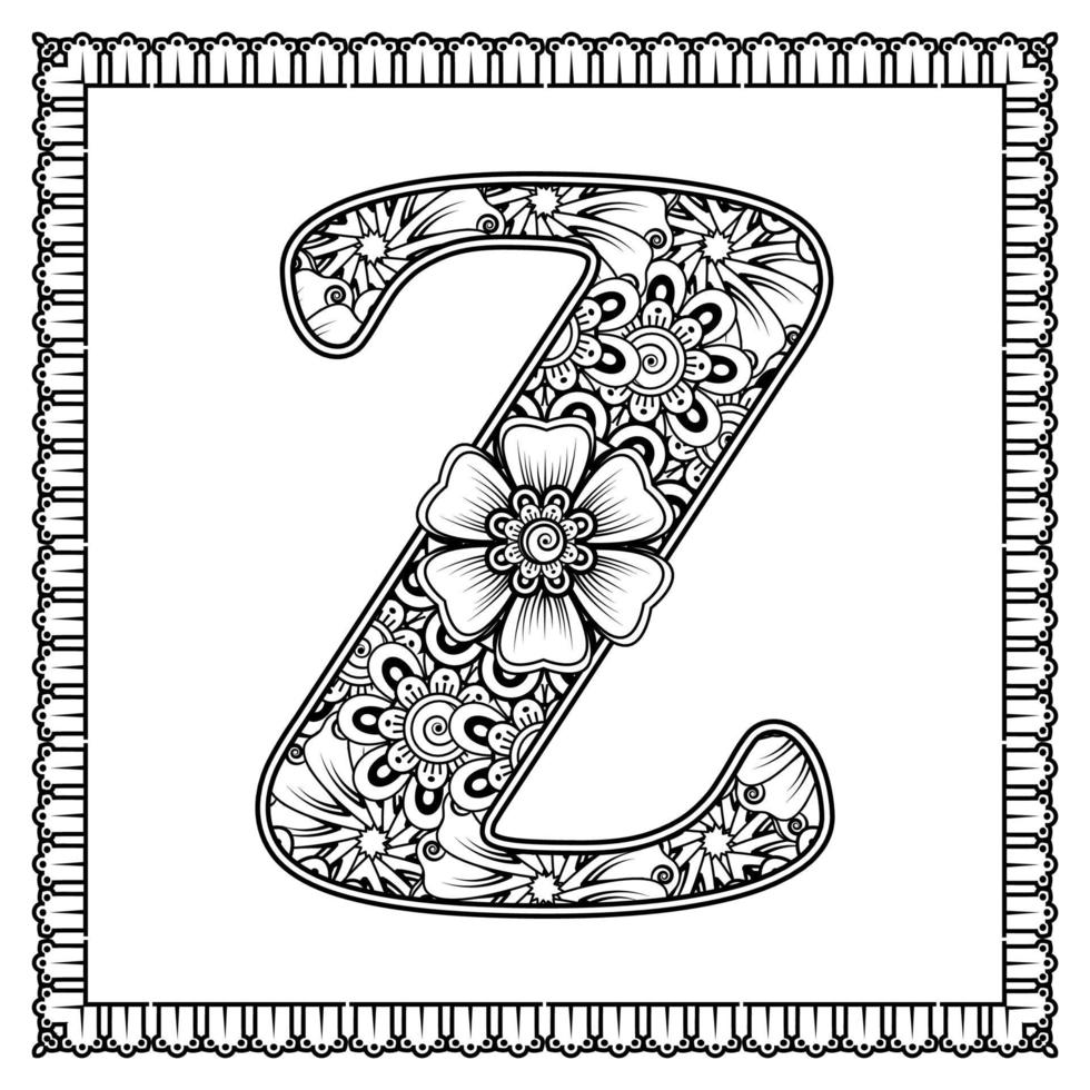 Buchstabe z aus Blumen im Mehndi-Stil. Malbuchseite. Umrisse Hand-Draw-Vektor-Illustration. vektor