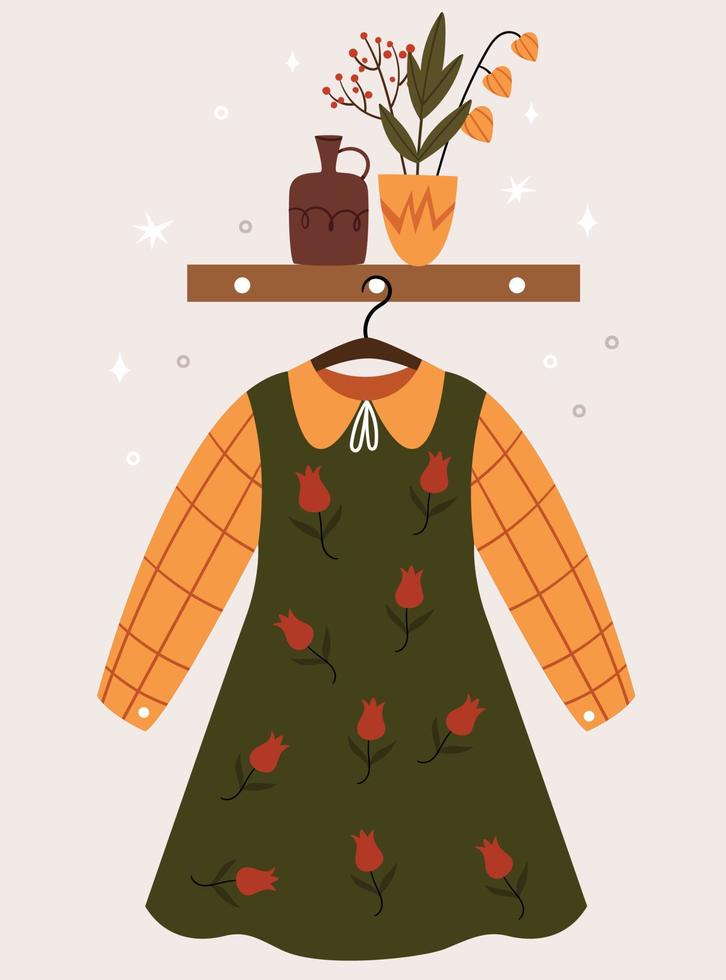 Ein süßes Herbstkleid im koreanischen Stil, das auf einem Kleiderbügel hängt. Komposition mit Vasen. Flurzimmer. vektor