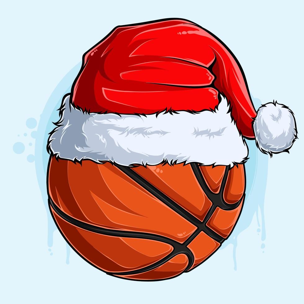 lustiger Weihnachtsbasketballball mit Weihnachtsmann-Hut, Weihnachtsferiensportball vektor