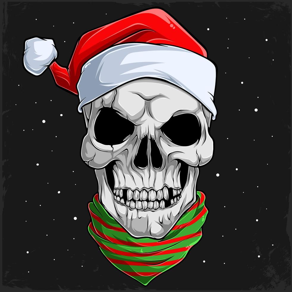Weihnachten menschlicher Schädelkopf mit Weihnachtsmann-Hut und gestreiftem Bandana, Weihnachtsskelettgesicht vektor