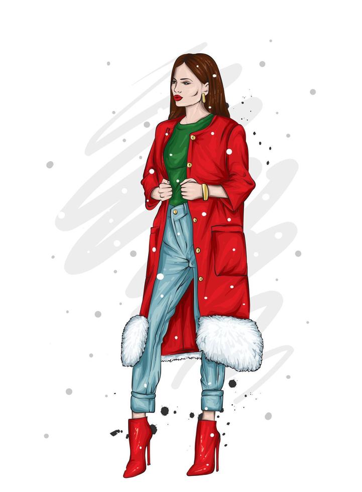 schönes Mädchen in stilvoller Winterkleidung. Silvester und Weihnachten. Mode und Stil. vektor