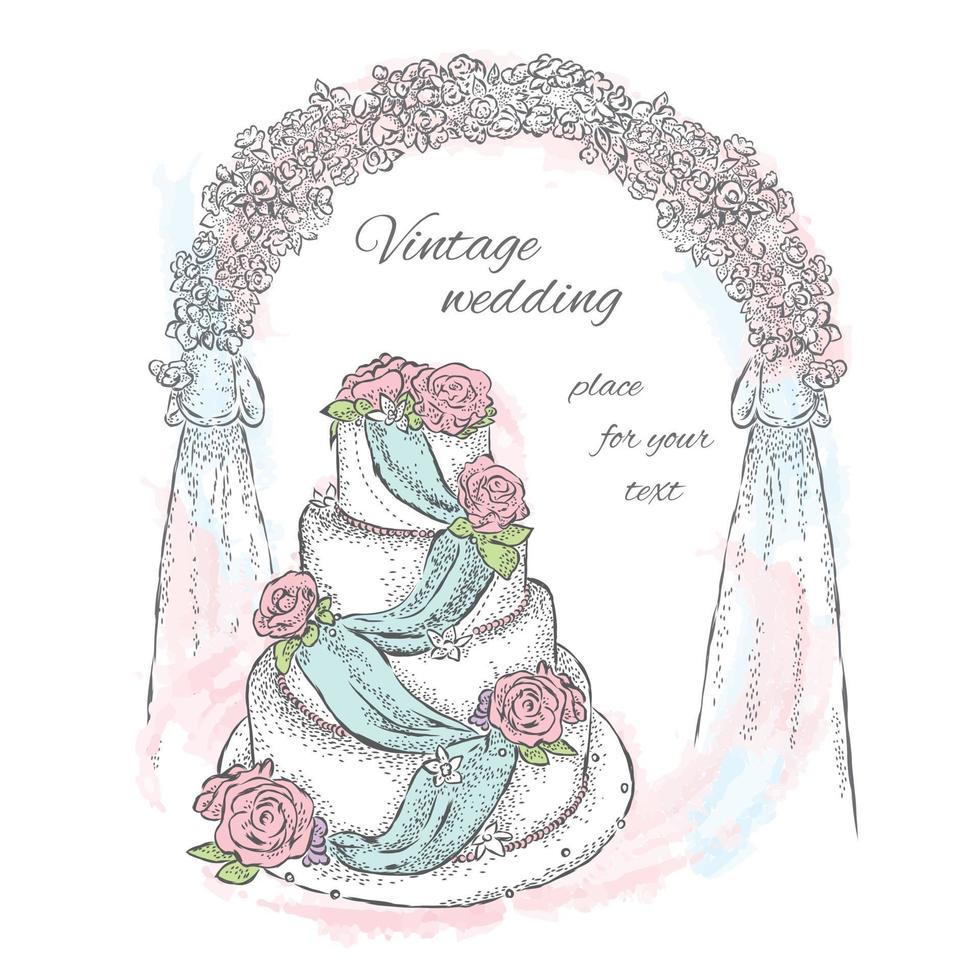 vacker bröllopstårta. vintage vektor illustration.