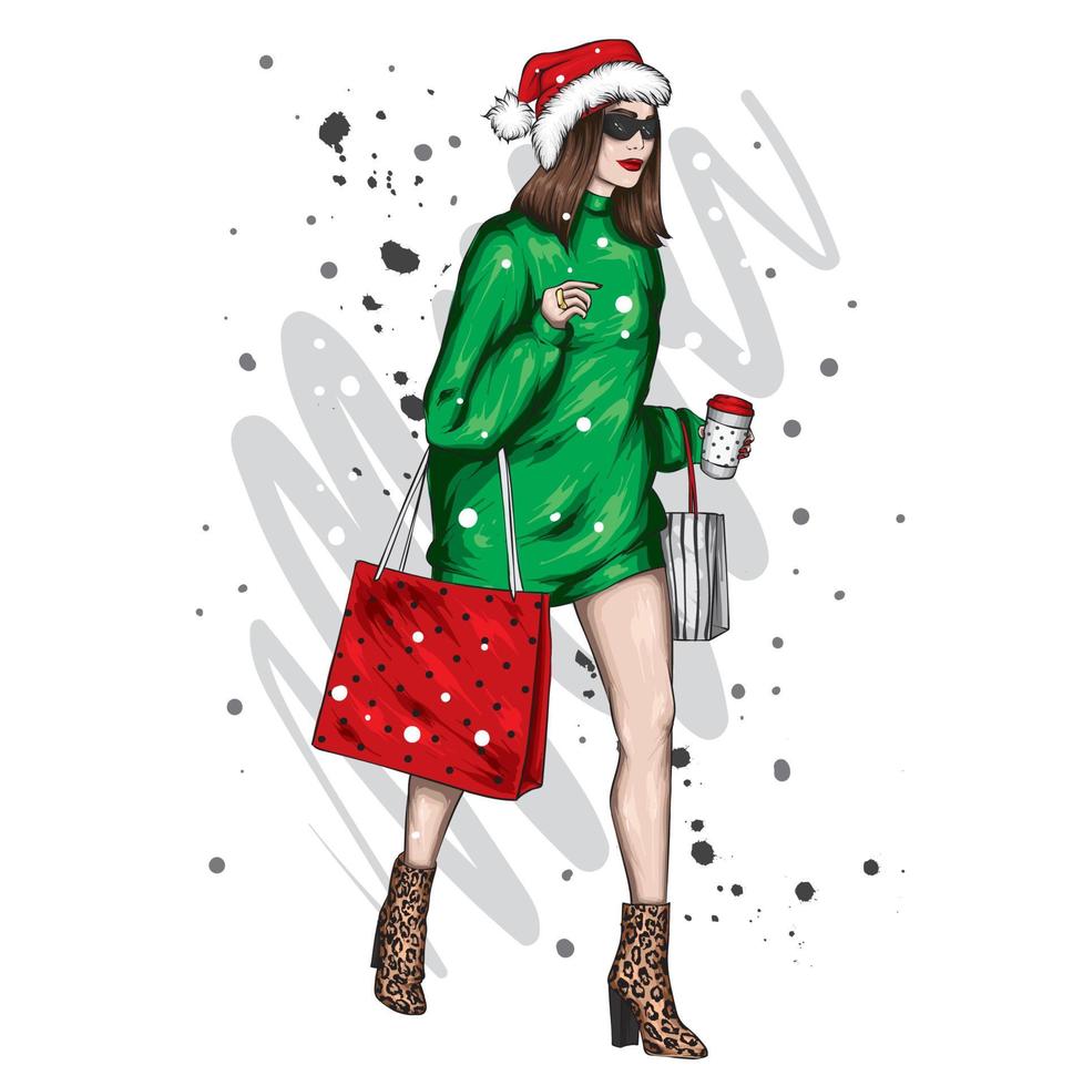 söt flicka i julkläder och kaffe. mode och stil, kläder och accessoarer. vektor