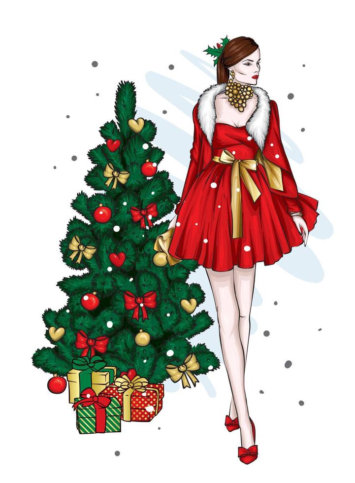 schönes Mädchen in stilvoller Kleidung und einem Weihnachtsbaum. Vintage und Retro, Mode und Stil. vektor