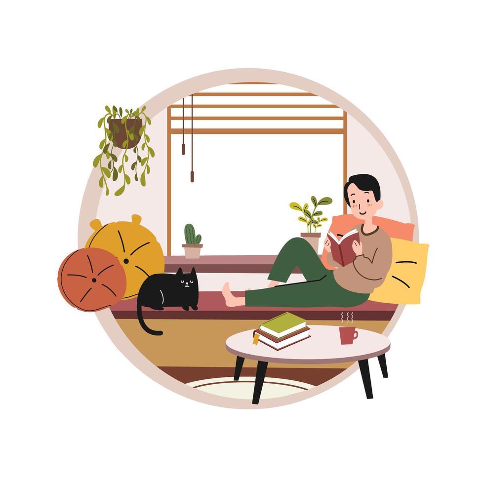 ein Mann lesen ein Buch und genießen studieren im seine Zimmer mit schwarz Katze in der Nähe von Fenster isoliert auf Weiß Hintergrund. Welt Buch Tag Konzept Karikatur eben Vektor Illustration. International Alphabetisierung Tag.