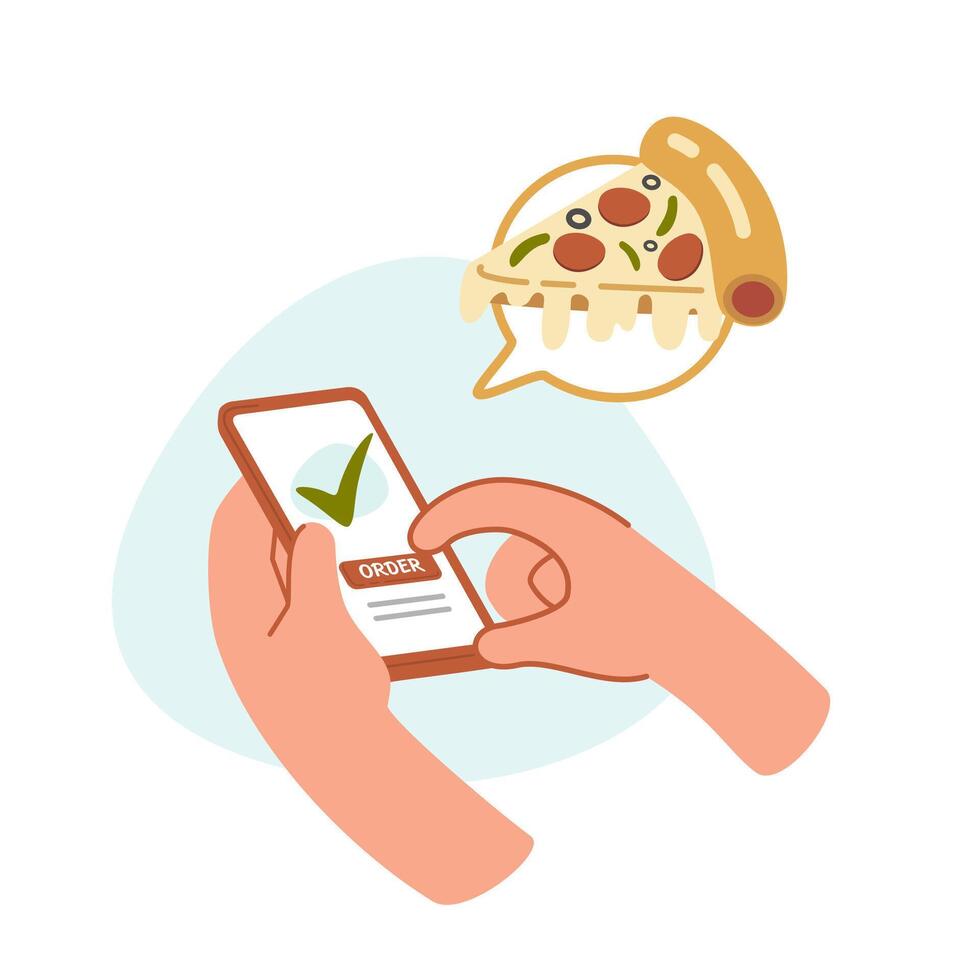 händer beställa pizza via pizza leverans service förbi använder sig av en smartphone platt tecknad serie illustration isolerat på vit bakgrund. uppkopplad mat leverans service begrepp. leverans Hem och kontor vektor
