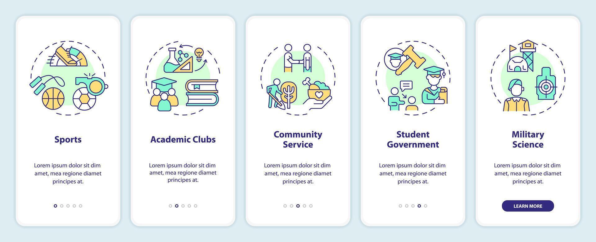 2d Symbole Darstellen außerhalb des Lehrplans Aktivitäten Konzepte Handy, Mobiltelefon App Bildschirm Satz. Komplettlösung 5 Schritte Mehrfarbig Grafik Anleitung mit dünn Linie Symbole Konzept, ui, ux, gui Vorlage. vektor