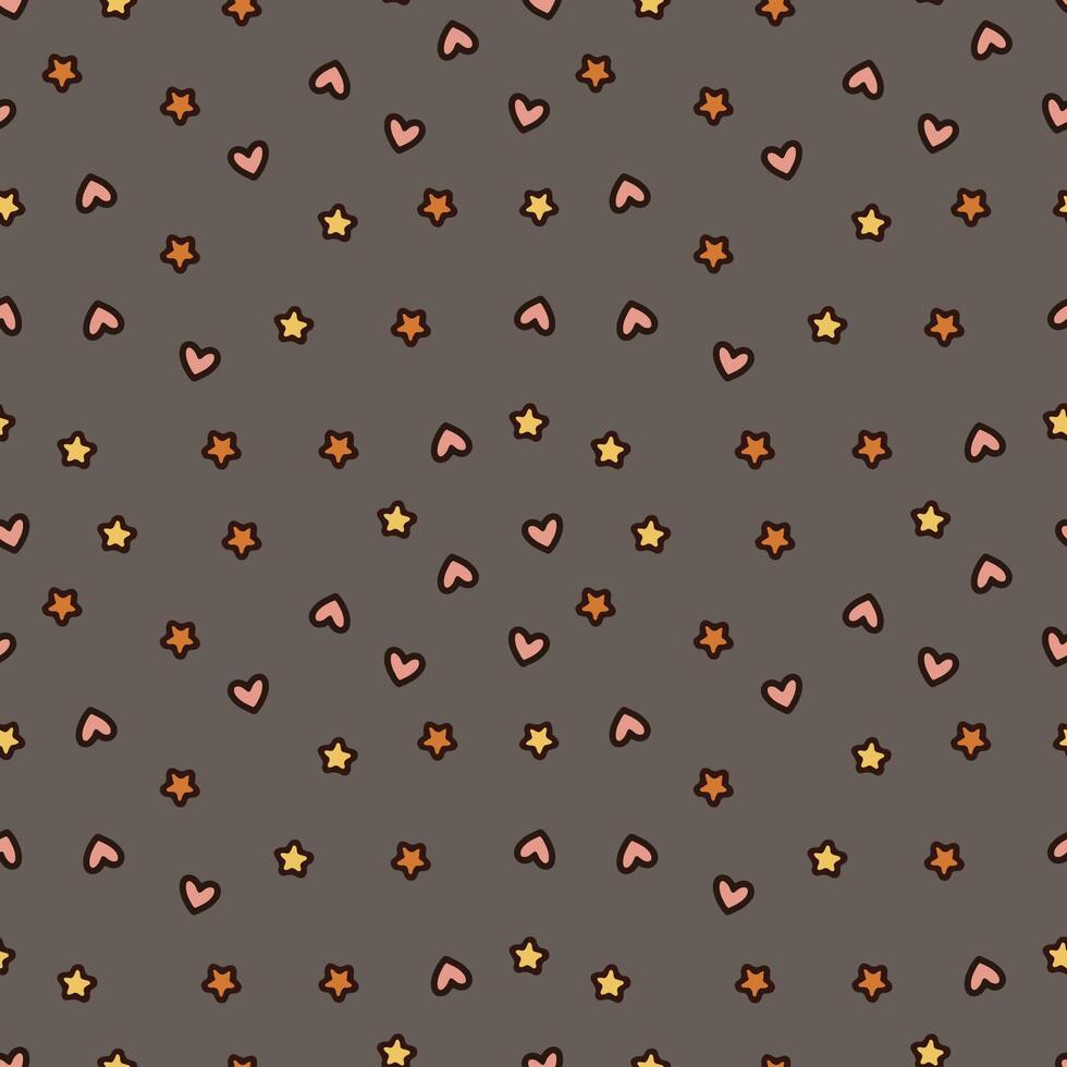 sömlös mönster med röd och orange hjärtan och stjärnor på en brun bakgrund vektor