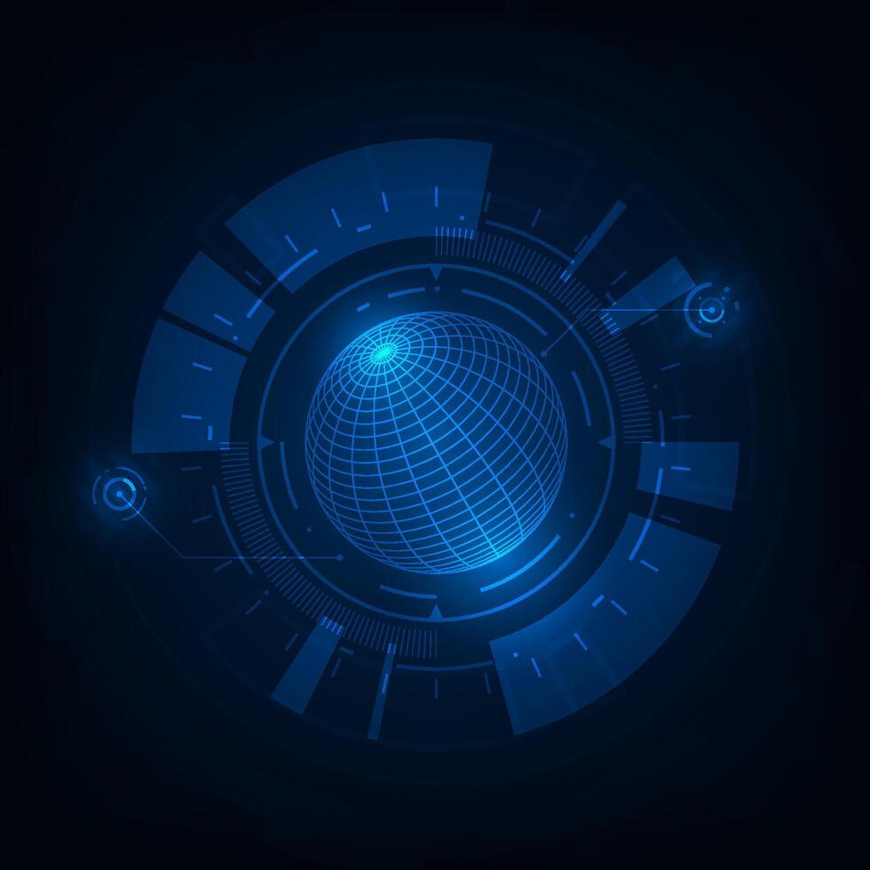 Vektor futuristisch global Verbindung Netzwerk Konzept. Globus Drahtmodell mit Technik Kreis auf Blau Hintergrund.