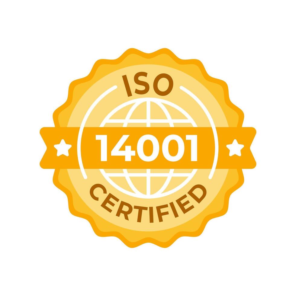 iso 14001 auktoriserad miljö- förvaltning systemet bricka - en gyllene vektor täta för miljövänlig företags- överensstämmelse och hållbarhet standarder