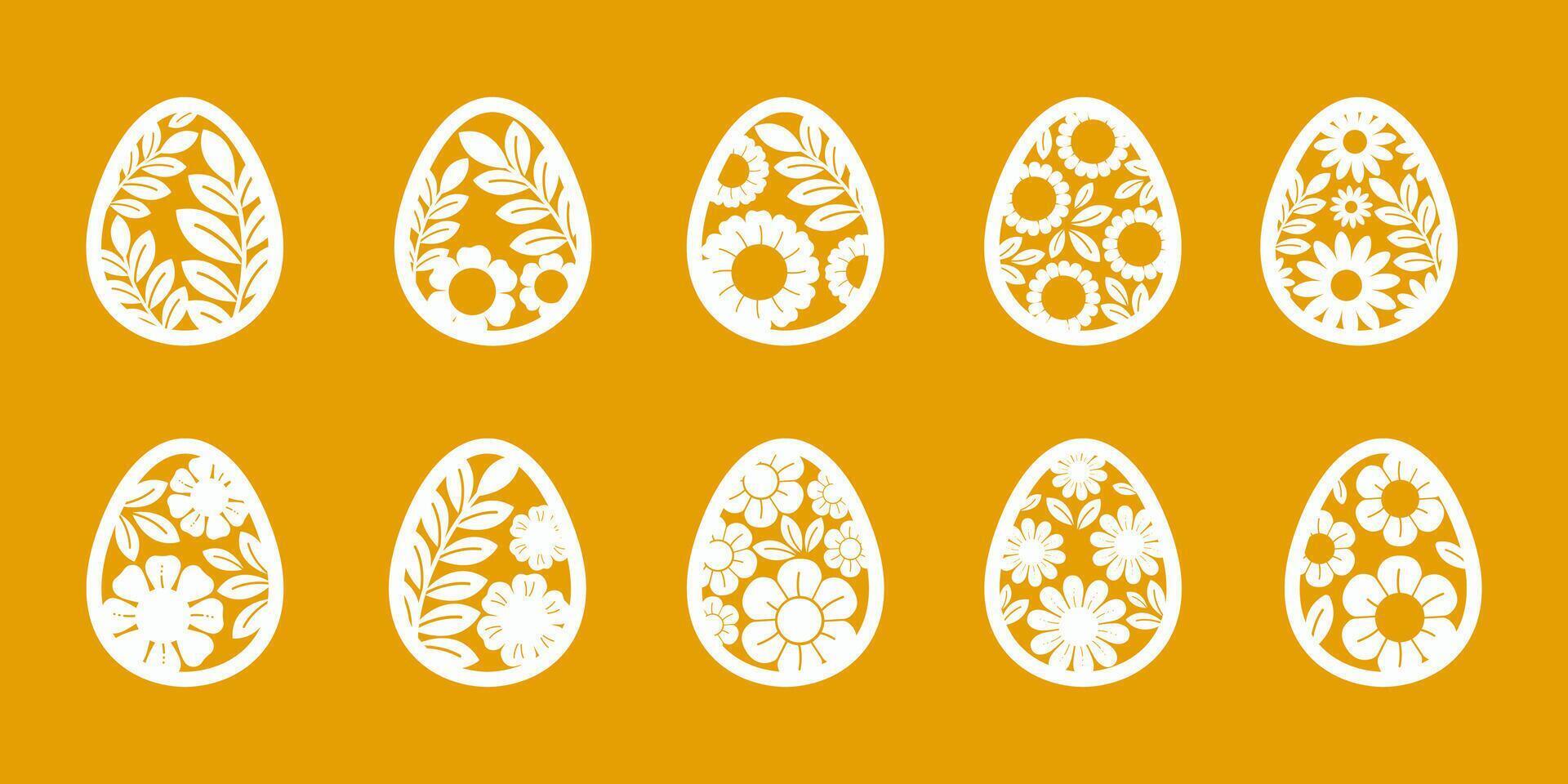 uppsättning av Lycklig påsk ägg med blommor mönster i vit färger vektor