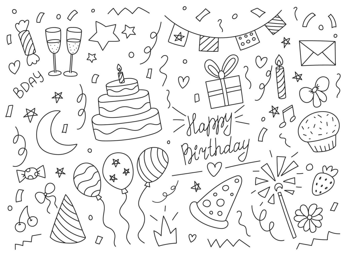 Lycklig födelsedag klotter element, hand dragen föremål, fest dekoration, årsdag, karneval, festlig dekor, kaka, ballonger, gåva, konfetti, vektor illustration
