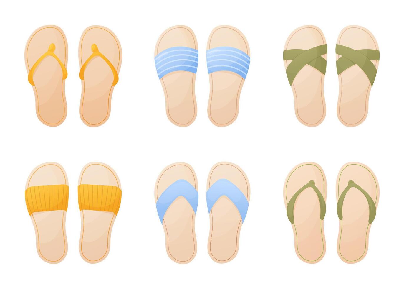 sommar sko uppsättning, flip floppar, tofflor för strand, semester, bekväm sandaler, gul, blå och grön, tecknad serie stil vektor illustration