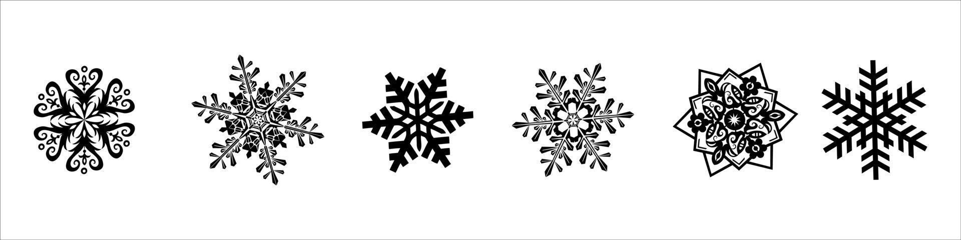 Schneeflocke Winter Set schwarz isoliert sechs Symbol Silhouette vektor