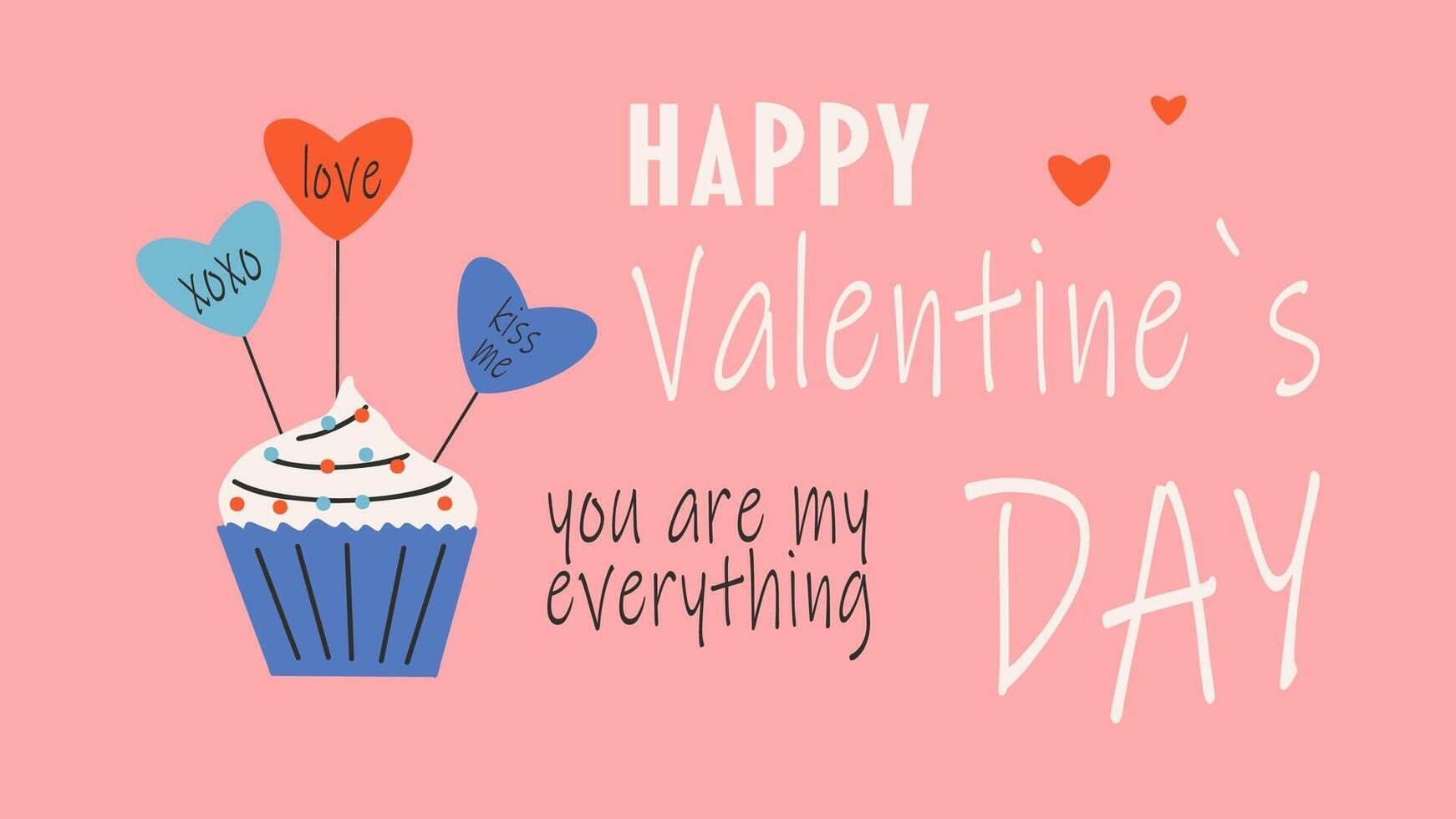 Banner zum Heilige Valentinstag Tag, 14 Februar. Hand gezeichnet Karten mit Cupcake, Herz, Text. vektor