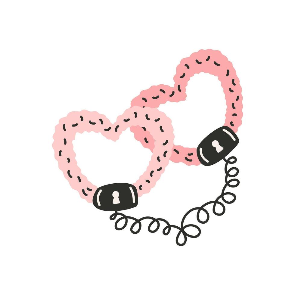 flauschige Handschellen im das gestalten von ein Herz. Symbol von Liebe, Romantik. Design zum Valentinstag Tag. vektor