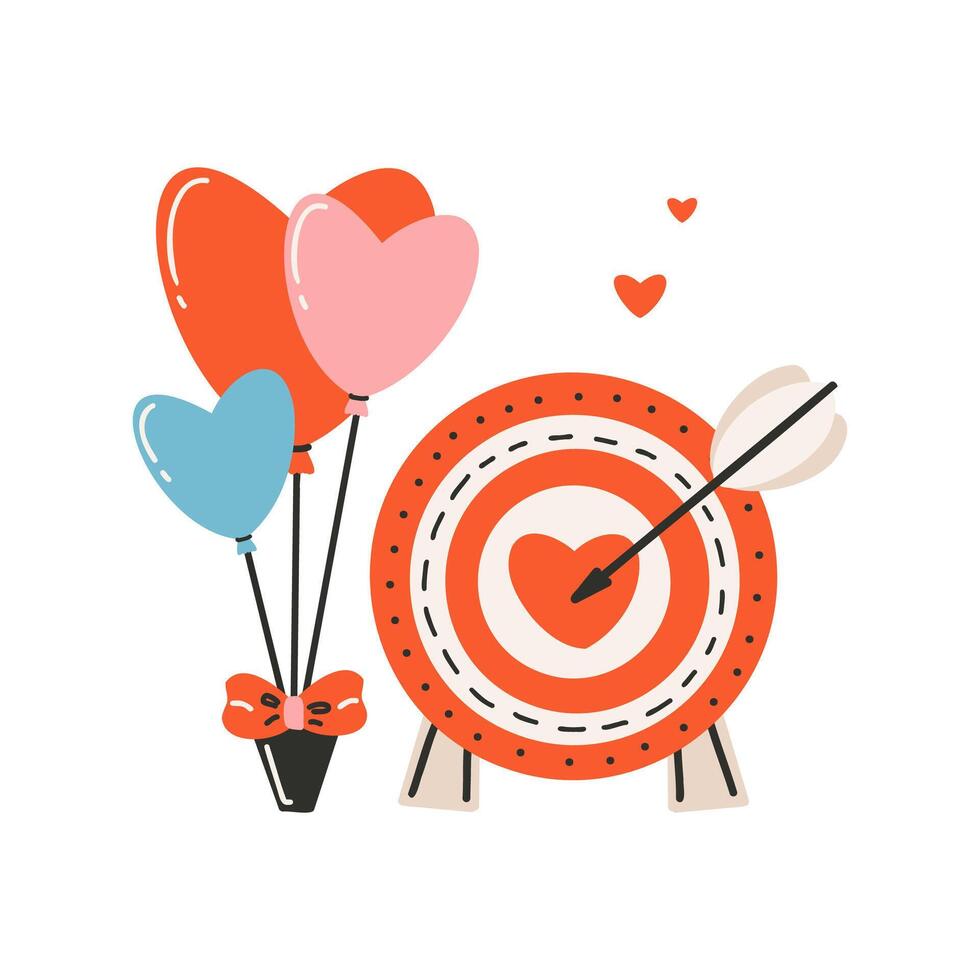 uppsättning av element för st. hjärtans dag, mål med en hjärta i de mitten och ett pil, ballonger är bunden med en rosett. symbol av kärlek, romantik. vektor