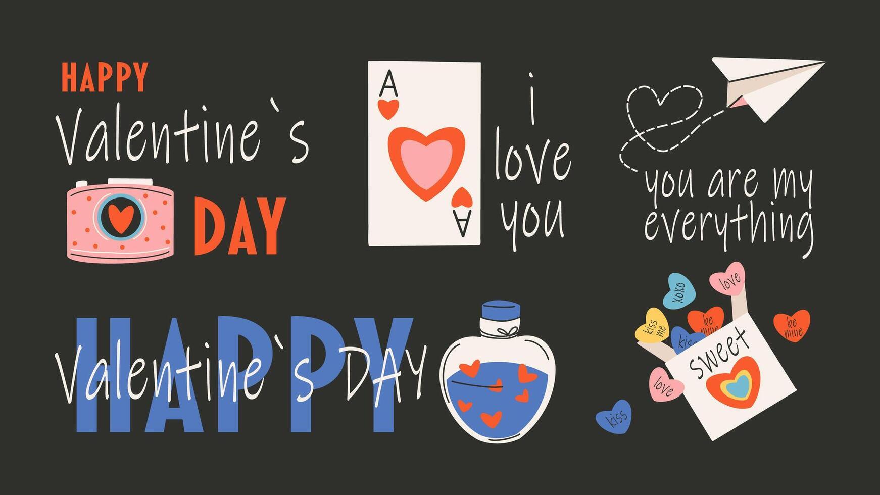 Banner zum Heilige Valentinstag Tag, 14 Februar. Hand gezeichnet Karten mit Kamera, Süssigkeit, Papier Ebene, Herz, Text. vektor