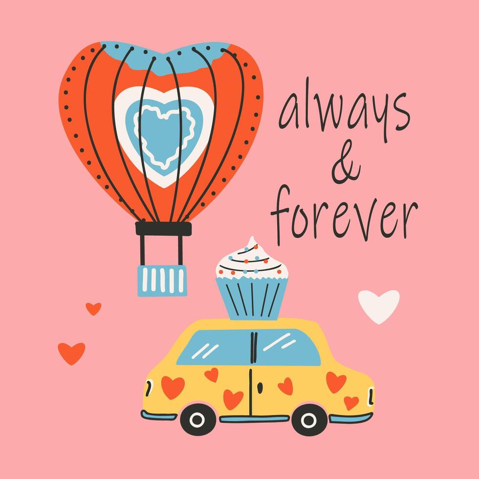 vykort mall för helgon hjärtans dag, 14 februari. hand dragen kort med bil den där bär de cupcake, hjärta, text. vektor
