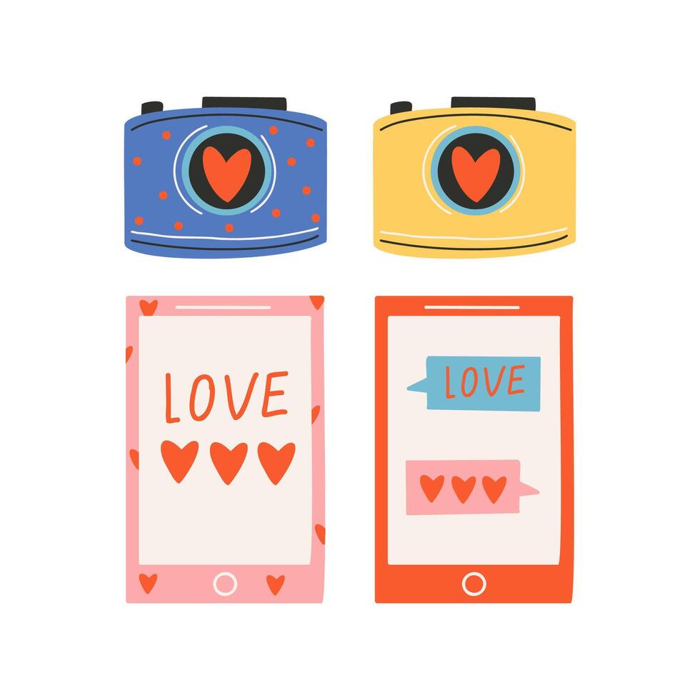einstellen von Elemente zum st. Valentinstag Tag, Kamera mit ein Herz und Smartphone mit Dialog, Bekenntnis von Liebe. Symbol von Liebe, Romantik. vektor