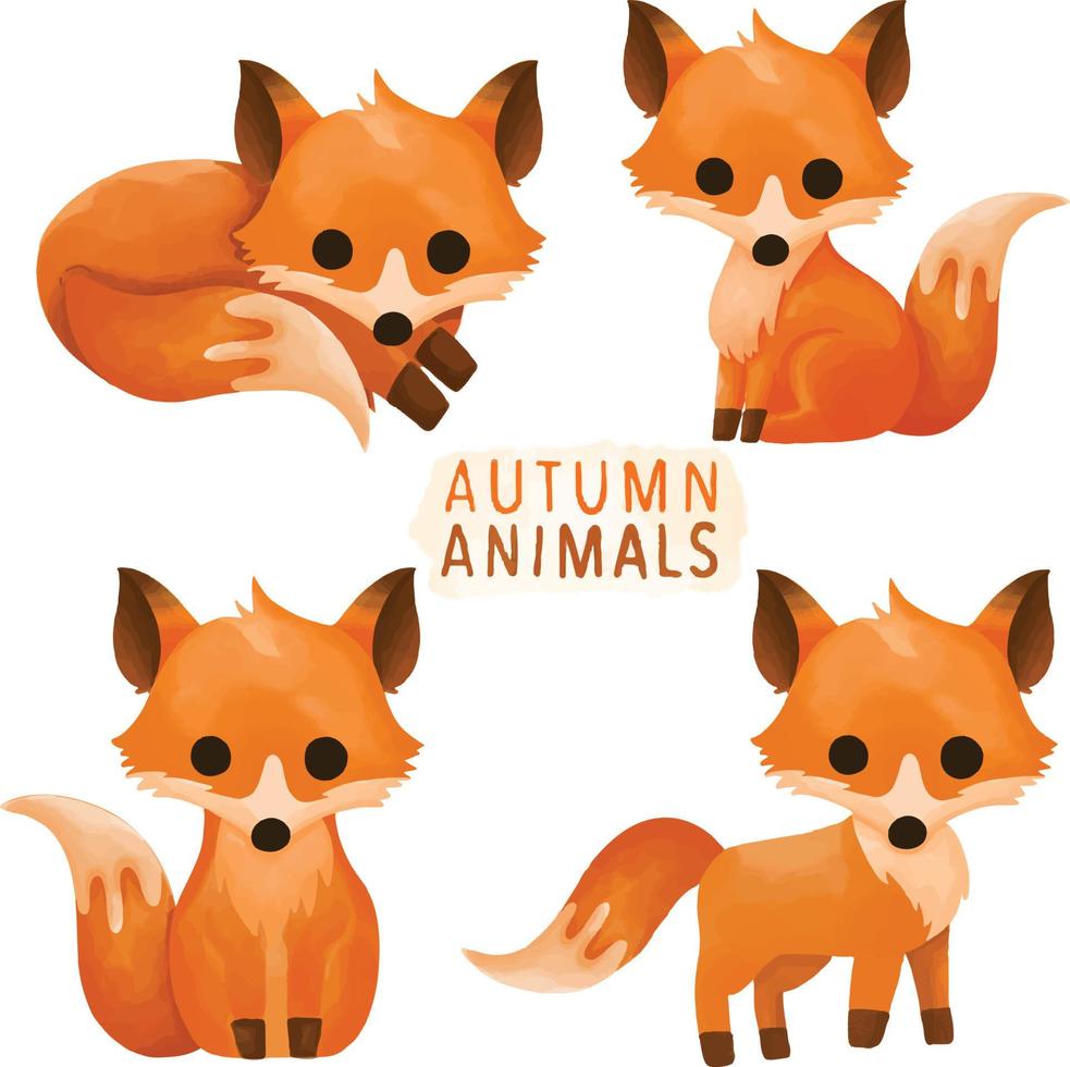 Satz Aquarell gemalter Fuchs, Herbsttier, Tierwelt Clipart. Hand gezeichnet isoliert auf weißem Hintergrund vektor