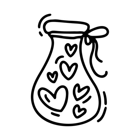 Vektor monoline süße Krug mit Herzen. Valentinstag Hand gezeichnete Symbol. Feiertagsskizzengekritzel Gestaltungselementvalentinsgruß. Liebesdekor für Web, Hochzeit und Print. Isolierte darstellung