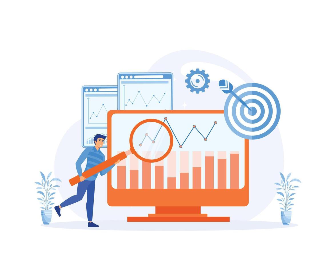 Konzept Illustration von Arbeiter Überprüfung Daten Analystenwohnung. eben Vektor modern Illustration