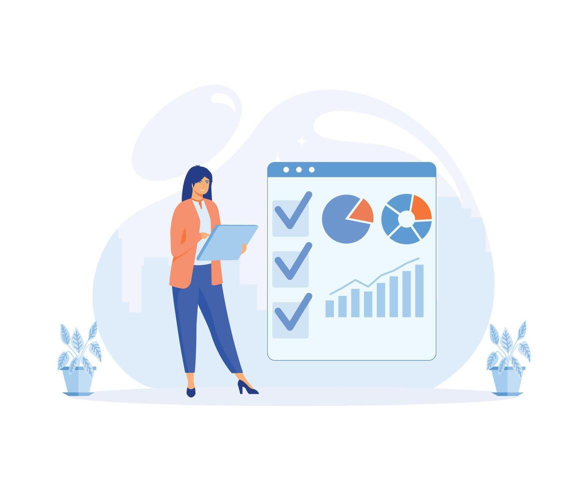 Digital Marketing und Förderung. Frau Zeichen Analysieren Graph, Diagramme und Planung Marketing Strategie zu leisten Geschäft Ziele. eben Vektor modern Illustration