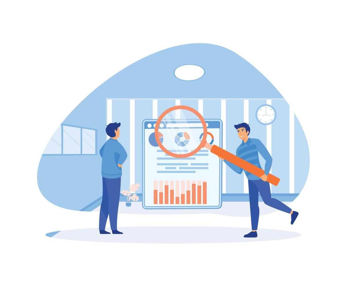 Geschäft Menschen Arbeiten zum Daten Analyse und Überwachung auf Netz Bericht Instrumententafel Monitor und Geschäft Finanzen Investition Konzept. eben Vektor modern Illustration