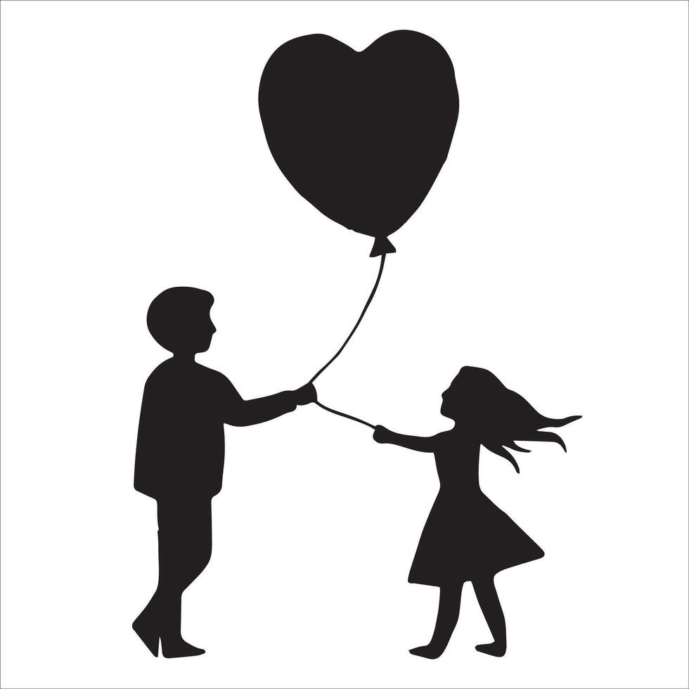 Silhouette von ein Paar im Liebe, ein Junge und ein Mädchen mit ein Ballon Herz. Valentinstag Tag, Liebe, Beziehungen vektor